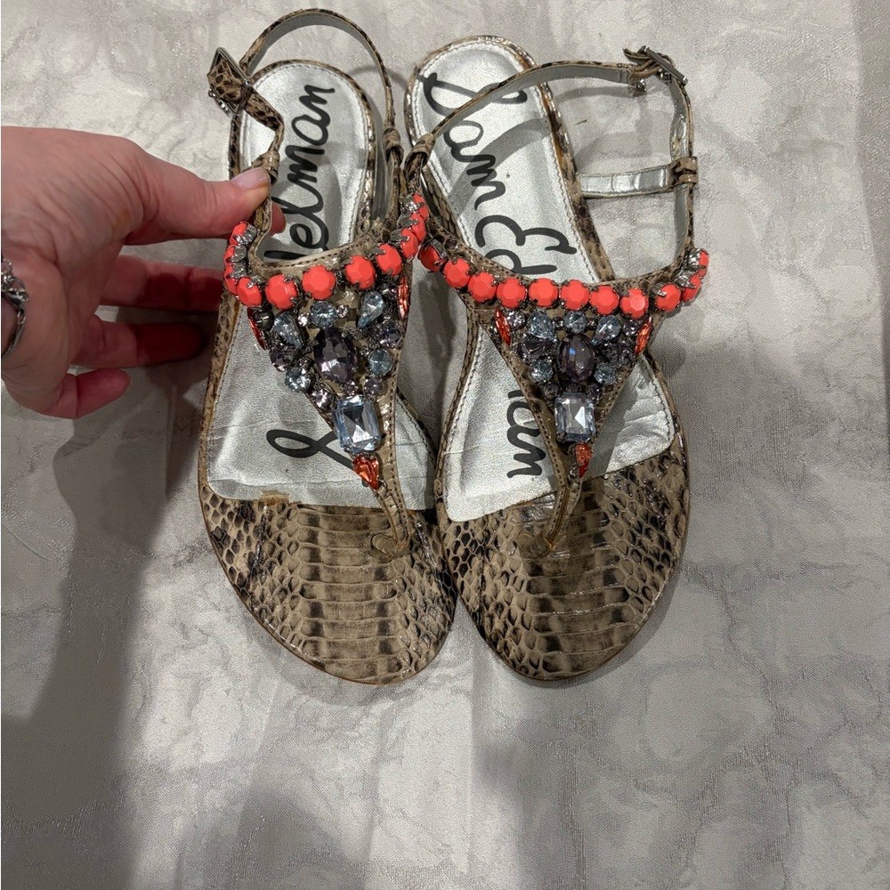 Sam Edelman Coral Beaded Snake-Print T-Strap Sandals with Crystal Accents